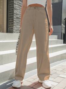 DAZY 高腰寬腿牛仔褲 - 卡其色 - 查看 4