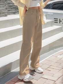 DAZY 高腰寬腿牛仔褲 - 卡其色 - 查看 5