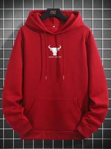 Manfinity Homme Nam Bò đực & Đồ họa Khẩu hiệu Túi kangaroo Dây rút Hoodie - Đỏ - Xem 2