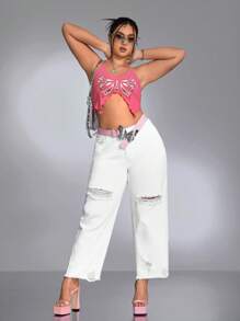 SHEIN ICON 大碼破洞毛邊直筒牛仔褲不附腰帶 - 白色 - 查看 2