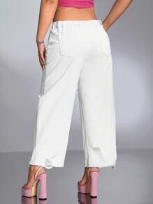 SHEIN ICON 大碼破洞毛邊直筒牛仔褲不附腰帶 - 白色 - 查看 3