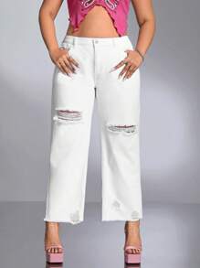 SHEIN ICON 大碼破洞毛邊直筒牛仔褲不附腰帶 - 白色 - 查看 4
