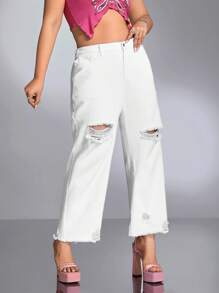 SHEIN ICON 大碼破洞毛邊直筒牛仔褲不附腰帶 - 白色 - 查看 5