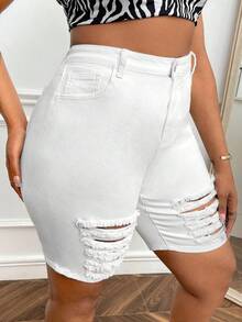Plus Ripped Frayed Denim Shorts - White - View 6