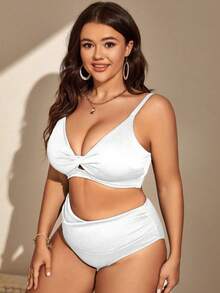 SHEIN Plus Size Twist Front Bikini Set Summer Beach - White - View 4