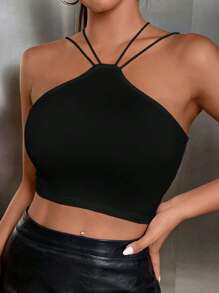 SHEIN SXY 素色吊帶短上衣 - 黑色 - 查看 1