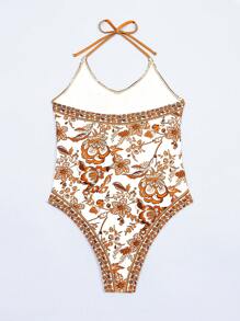 SHEIN Swim 印花露背連體泳衣 - 咖啡棕 - 查看 2