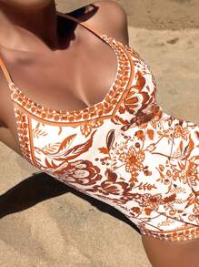 SHEIN Swim 印花露背連體泳衣 - 咖啡棕 - 查看 3