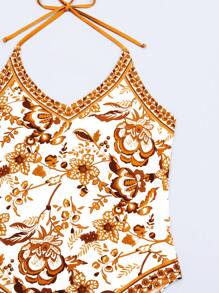 SHEIN Swim 印花露背連體泳衣 - 咖啡棕 - 查看 4