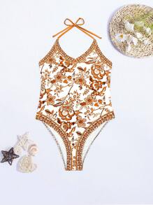 SHEIN Swim 印花露背連體泳衣 - 咖啡棕 - 查看 7