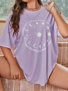 Flirla Hơn Hình in mặt trời & mặt trăng Áo thun Thả vai - Màu tím hoa cà - Xem 1