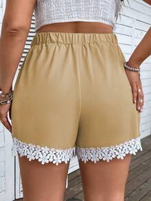 SHEIN Holidaya Plus Contrast Guipure Lace Tie Front Shorts - Khaki - View 2