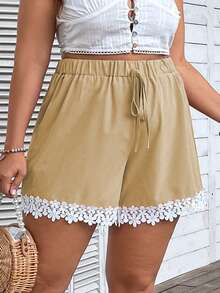 SHEIN Holidaya Plus Contrast Guipure Lace Tie Front Shorts - Khaki - View 3