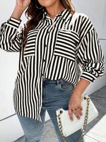 SHEIN Franclia 大碼條紋印花落肩袖襯衫 - 黑與白 - 查看 1