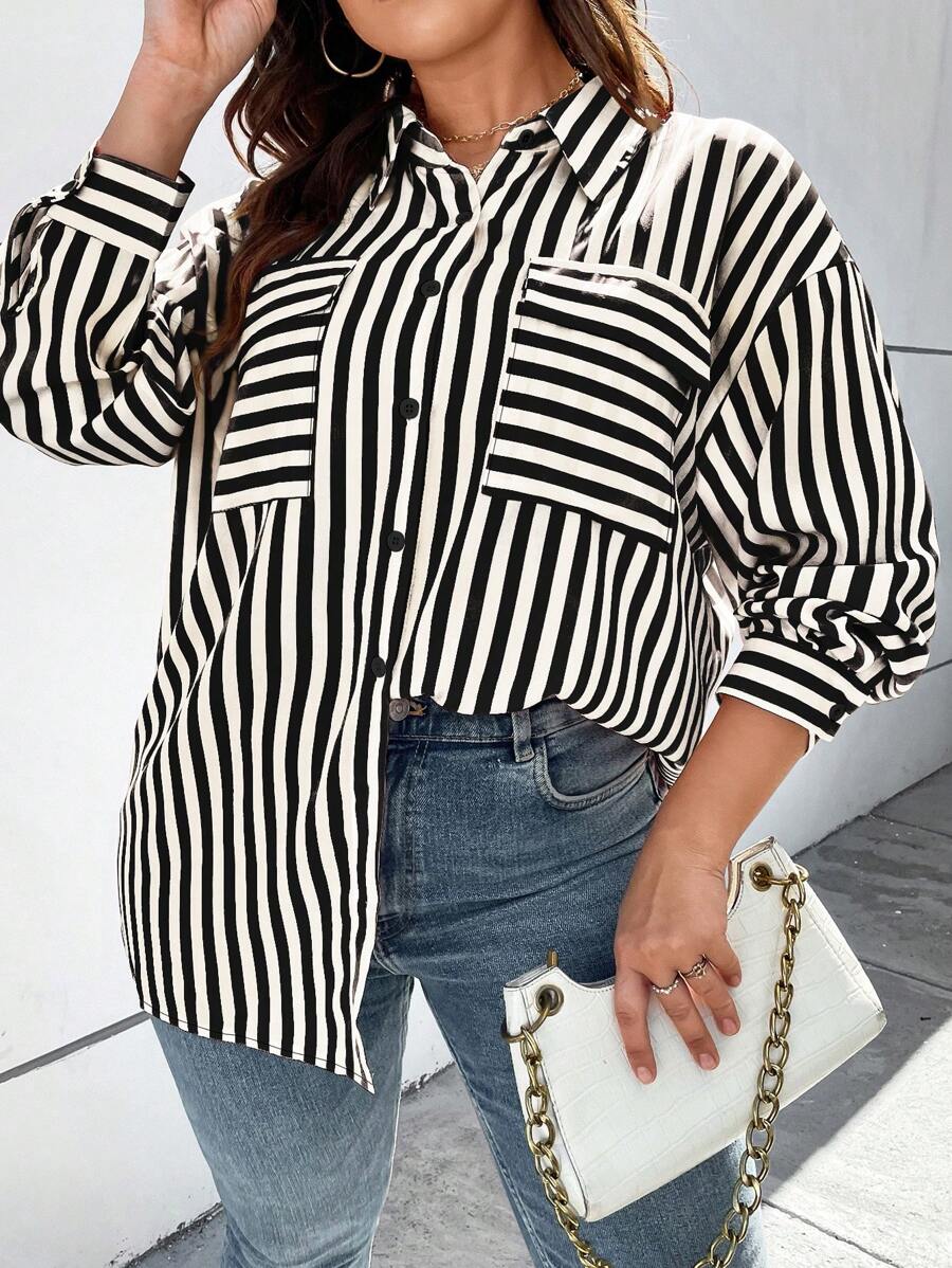 SHEIN Franclia Plus Striped Print Drop Shoulder Shirt - Black and White - View 1