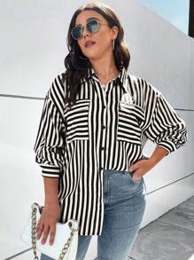 SHEIN Franclia 大碼條紋印花落肩袖襯衫 - 黑與白 - 查看 3