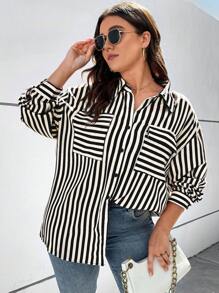 SHEIN Franclia 大碼條紋印花落肩袖襯衫 - 黑與白 - 查看 5