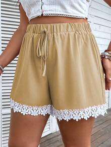 SHEIN Holidaya Plus Contrast Guipure Lace Tie Front Shorts - Khaki - View 6