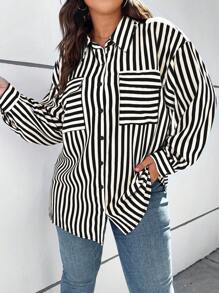 SHEIN Franclia 大碼條紋印花落肩袖襯衫 - 黑與白 - 查看 6