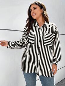 SHEIN Franclia 大碼條紋印花落肩袖襯衫 - 黑與白 - 查看 7