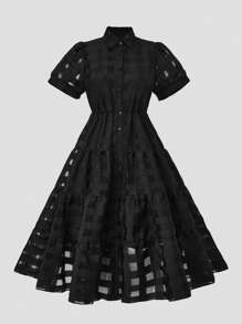 SHEIN Clasi Plus Puff Sleeve Ruffle Hem Shirt Dress - Black - View 1