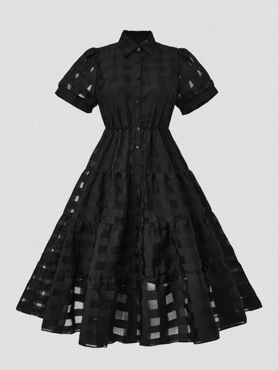 SHEIN Clasi Plus Puff Sleeve Ruffle Hem Shirt Dress - Black - View 1