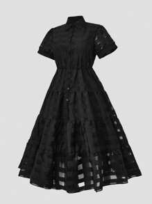 SHEIN Clasi Plus Puff Sleeve Ruffle Hem Shirt Dress - Black - View 5