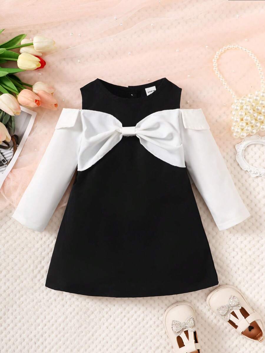 Baby Girl Two Tone Bow Front Cold Shoulder Dress - Black and White - View 1