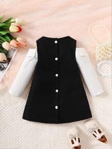 Baby Girl Two Tone Bow Front Cold Shoulder Dress - Black and White - View 2