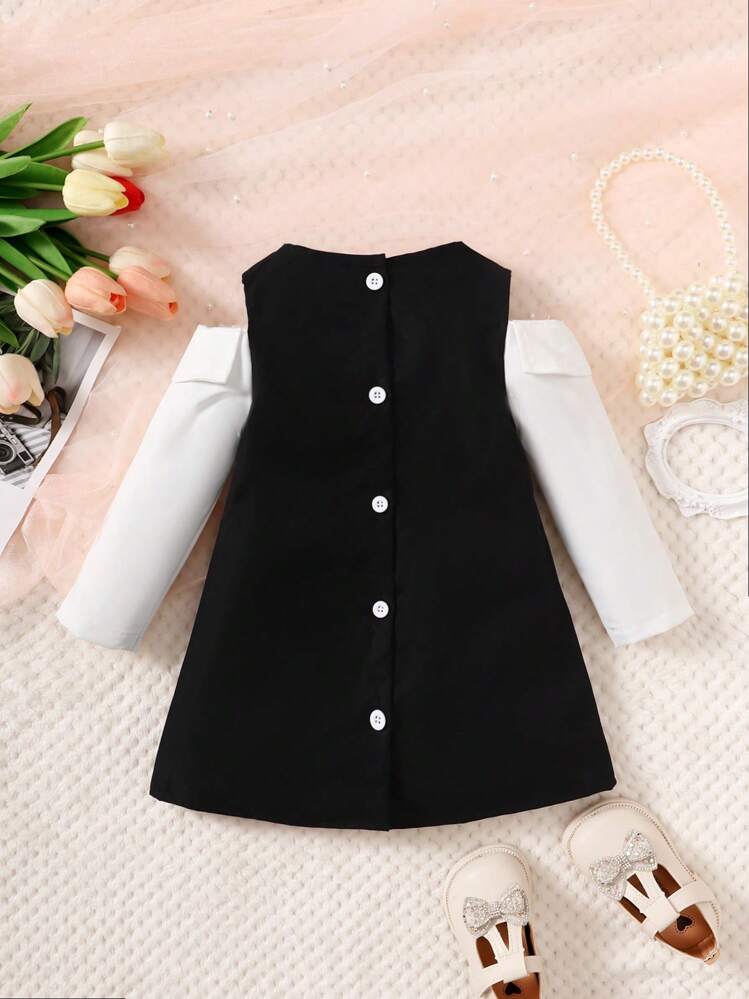 Đứa bé gái Hai âm Nơ mặt trước Vai lạnh Đầm - Đen và trắng - Xem 2