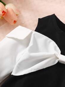 Baby Girl Two Tone Bow Front Cold Shoulder Dress - Black and White - View 4