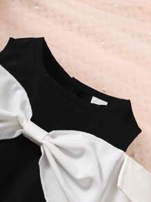 Baby Girl Two Tone Bow Front Cold Shoulder Dress - Black and White - View 5