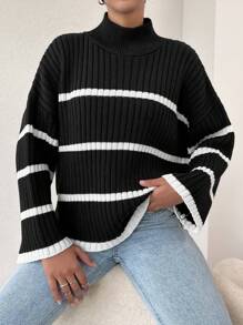 EURMUSE Striped Pattern Drop Shoulder Jumper - Black - View 1