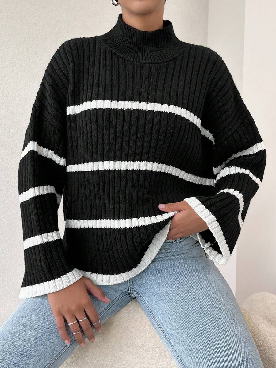 EURMUSE Striped Pattern Drop Shoulder Jumper - Black - View 1
