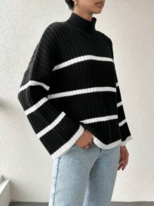 EURMUSE Striped Pattern Drop Shoulder Jumper - Black - View 4