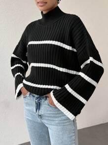 EURMUSE Striped Pattern Drop Shoulder Jumper - Black - View 5