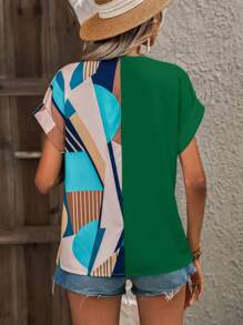 SHEIN LUNE Geo Print Batwing Sleeve Blouse - Green - View 2