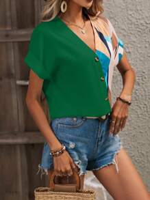 SHEIN LUNE Geo Print Batwing Sleeve Blouse - Green - View 3