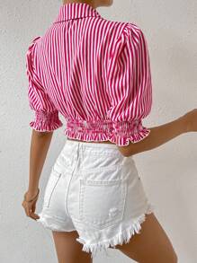 SHEIN Privé 條紋印花前打結泡泡袖短款襯衫 - 玫紅色 - 查看 2
