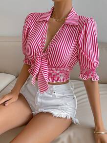 SHEIN Privé 條紋印花前打結泡泡袖短款襯衫 - 玫紅色 - 查看 4