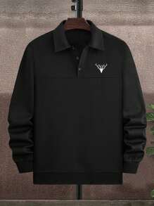 Manfinity Hypemode Men Deer Embroidery Polo Neck Drop Shoulder Sweatshirt - Black - View 4