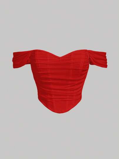 SHEIN MOD Rojo, Corsé Con Hombros Descubiertos Y Top Fruncido En El Dobladillo De La Cinta