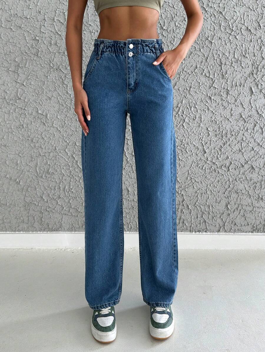Cottnline Zipper Fly Straight Leg Jeans - Rửa tối - Xem 1