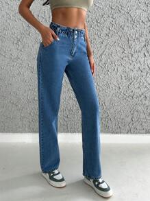 Cottnline Zipper Fly Straight Leg Jeans - Rửa tối - Xem 4