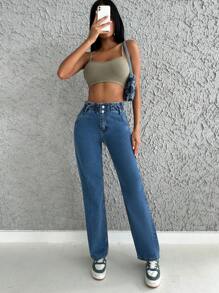 Cottnline Zipper Fly Straight Leg Jeans - Rửa tối - Xem 5