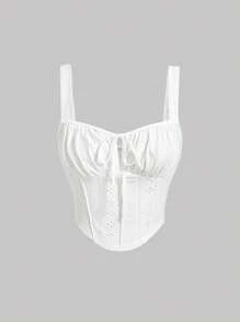 SHEIN x Marika Sila SHEIN MOD Eyelet Embroidery Lace-Up Ruched Bust White Cami Top