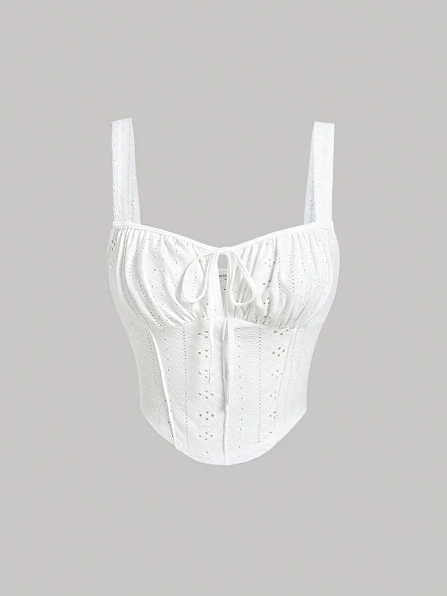 SHEIN x Marika Sila SHEIN MOD Eyelet Embroidery Lace-Up Ruched Bust White Cami Top