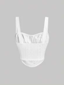 SHEIN x Marika Sila SHEIN MOD Eyelet Embroidery Lace-Up Ruched Bust White Cami Top