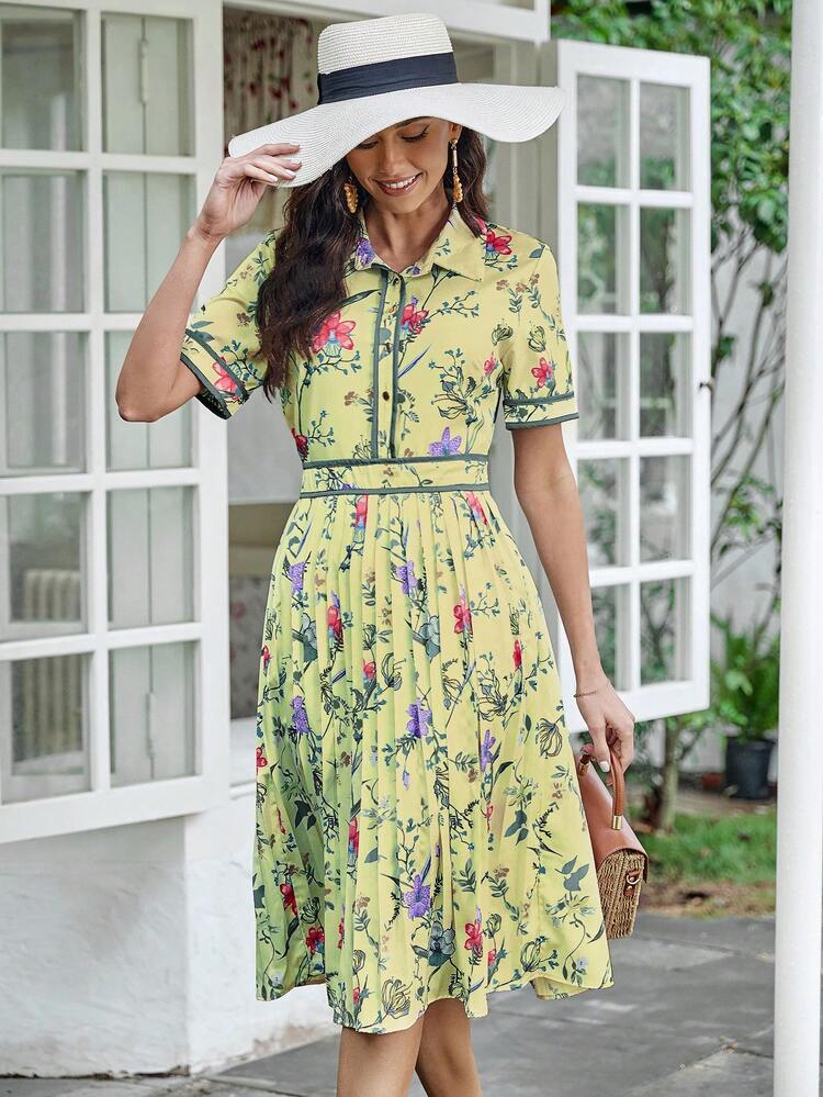 SHEIN LUNE Floral Print Contrast Binding Shirt Dress - Yellow - View 3