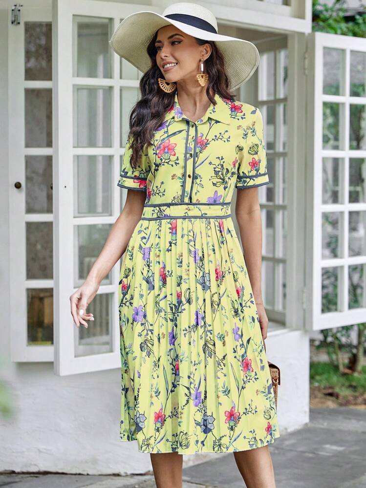SHEIN LUNE Floral Print Contrast Binding Shirt Dress - Yellow - View 6